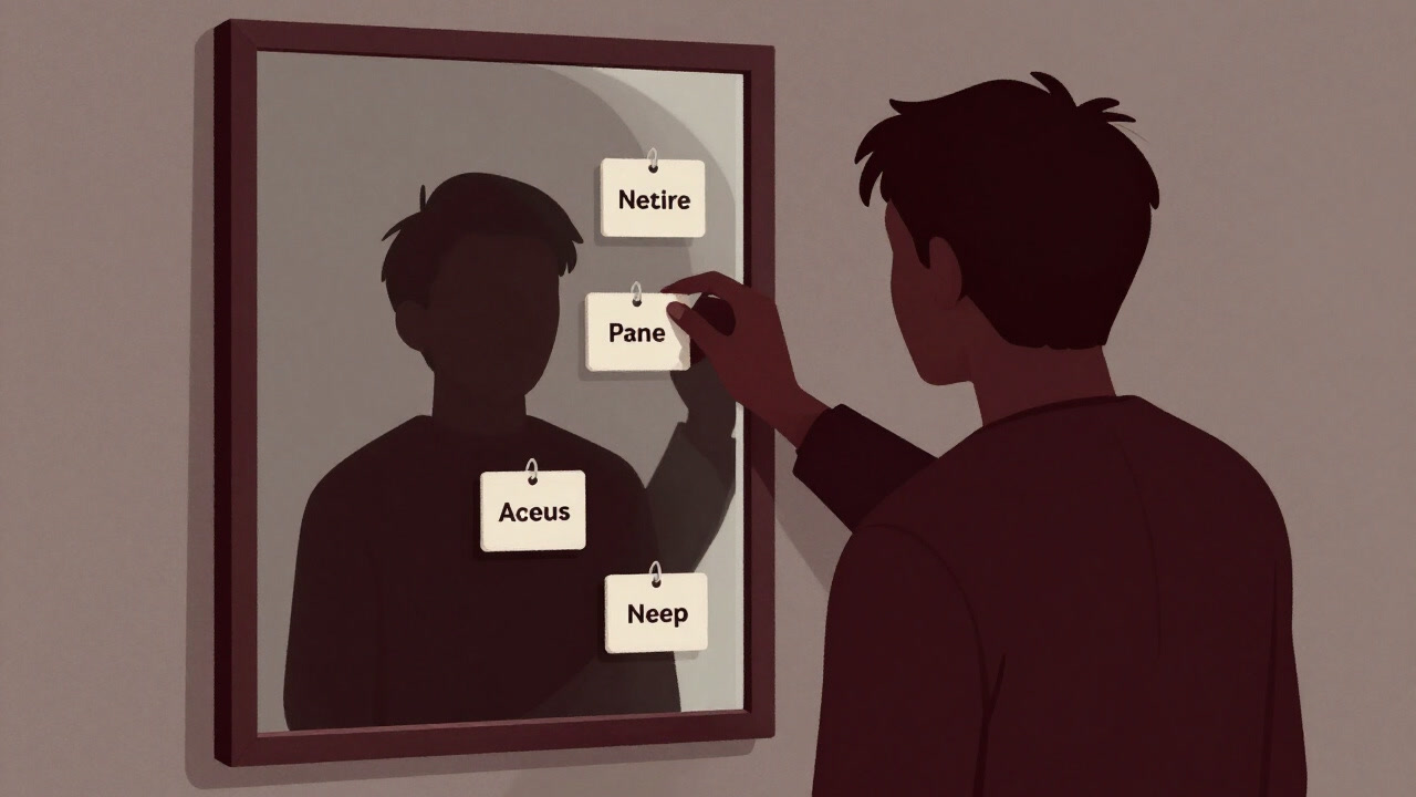 Illustration of a person placing name tags on their own shadow in front of a mirror