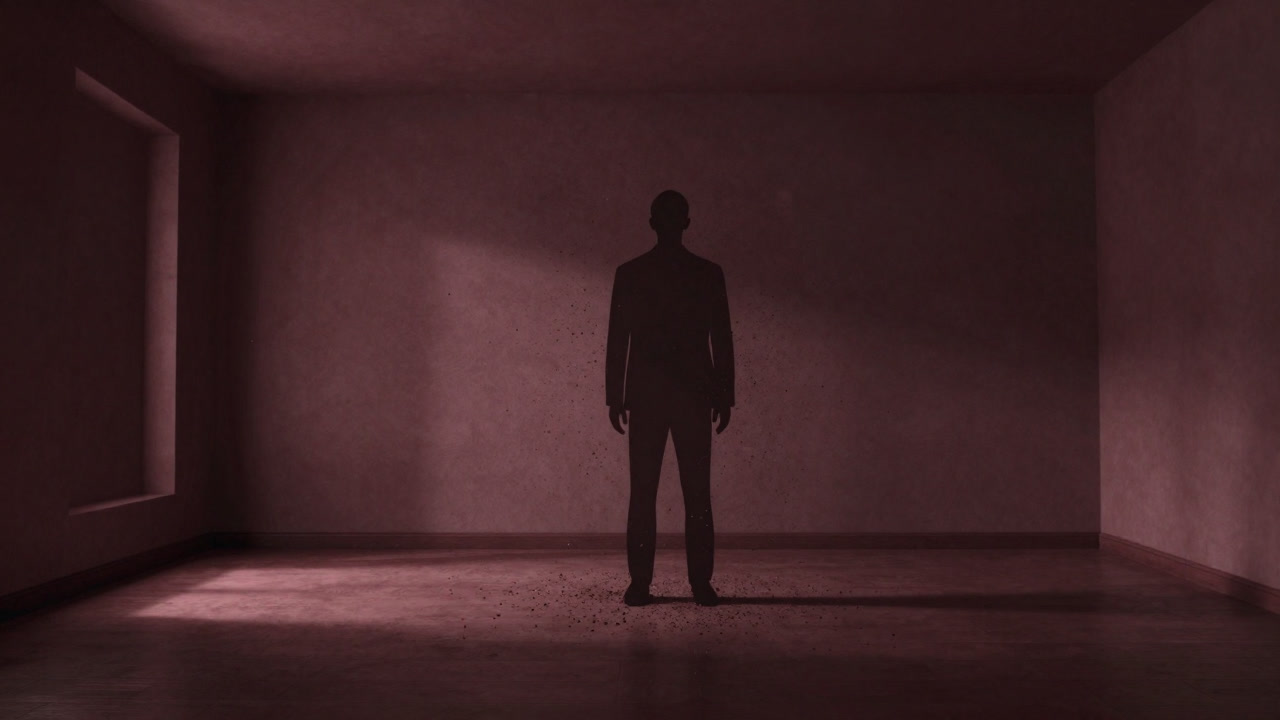 光が差し込む室内で、見えない微粒子に囲まれた人物のシルエットの画像