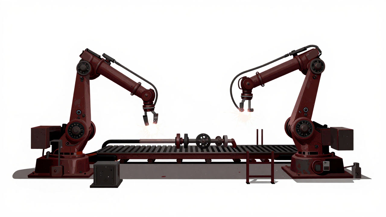 A rusted factory floor with robotic arms assembled haphazardly, performing tasks silently