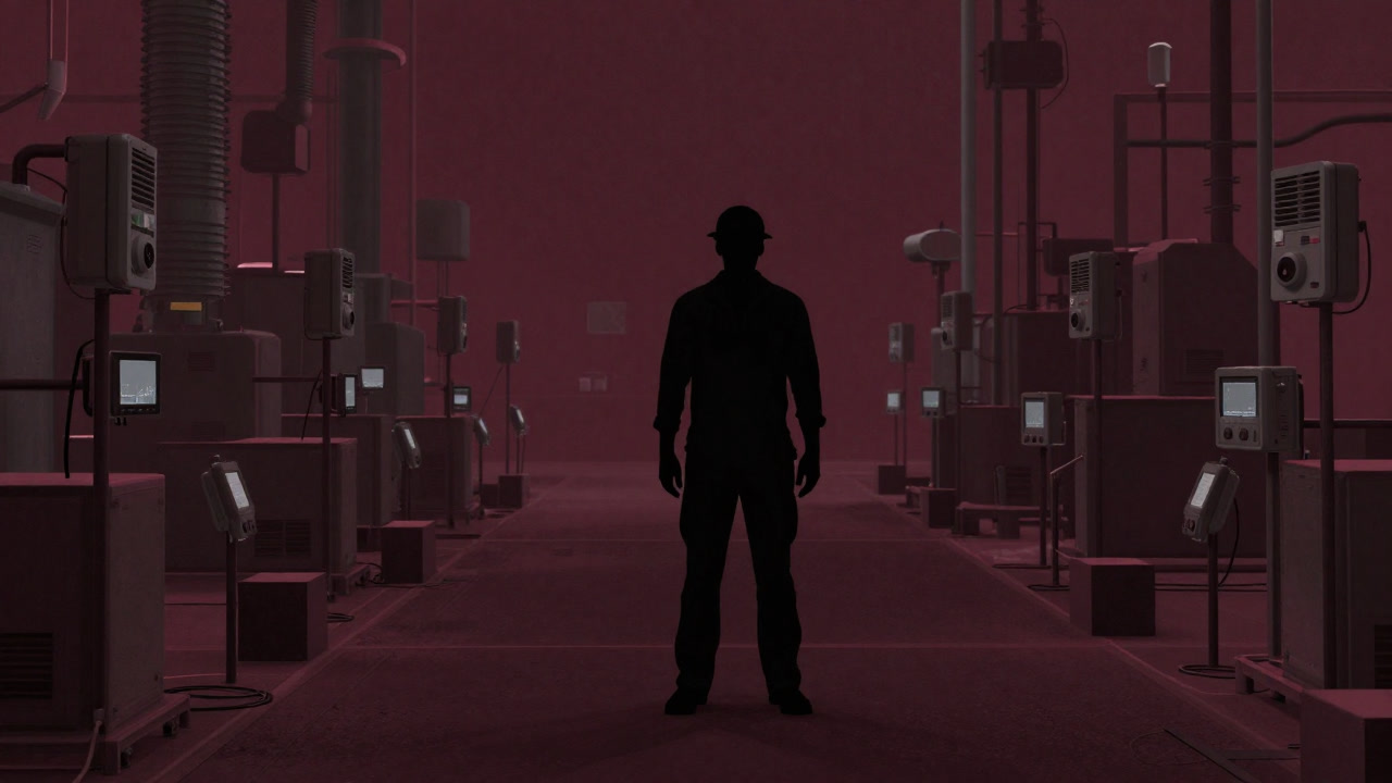 Silhouette of a factory worker overwhelmed by countless sensors surrounding the factory floor