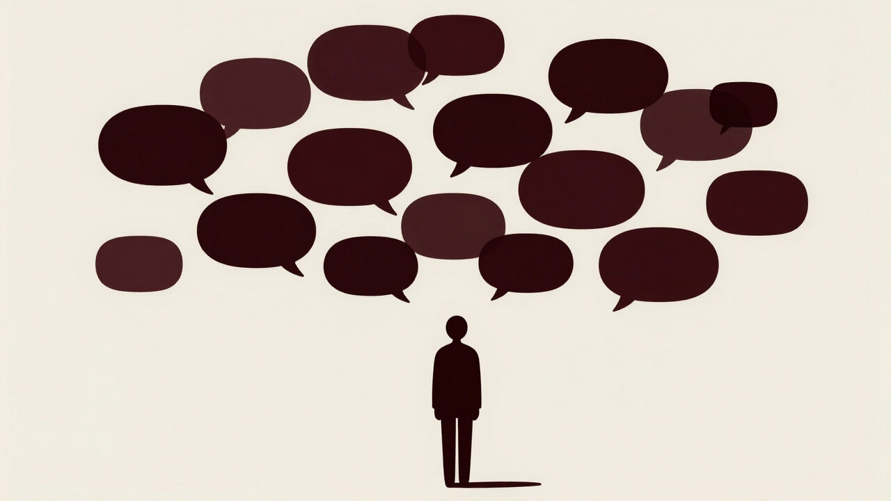 無数の言葉の泡が宙を漂い、中心にはぽつんと無言で佇む人影のイラスト