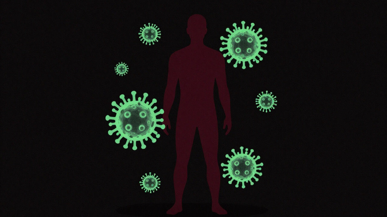 人間のシルエットを取り囲む渦巻くウイルス粒子のスタイリッシュなイラスト