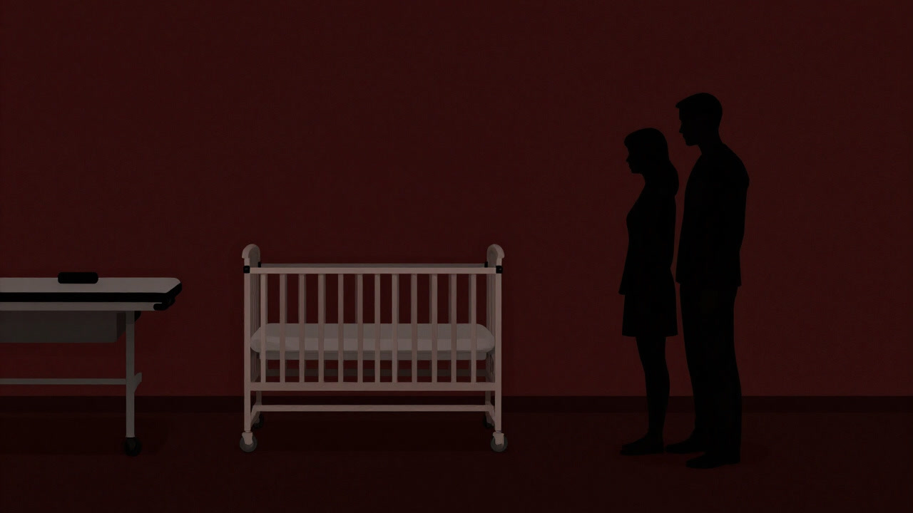 診察台の横に置かれた空のベビーベッドと、寂しげな表情の夫婦シルエット