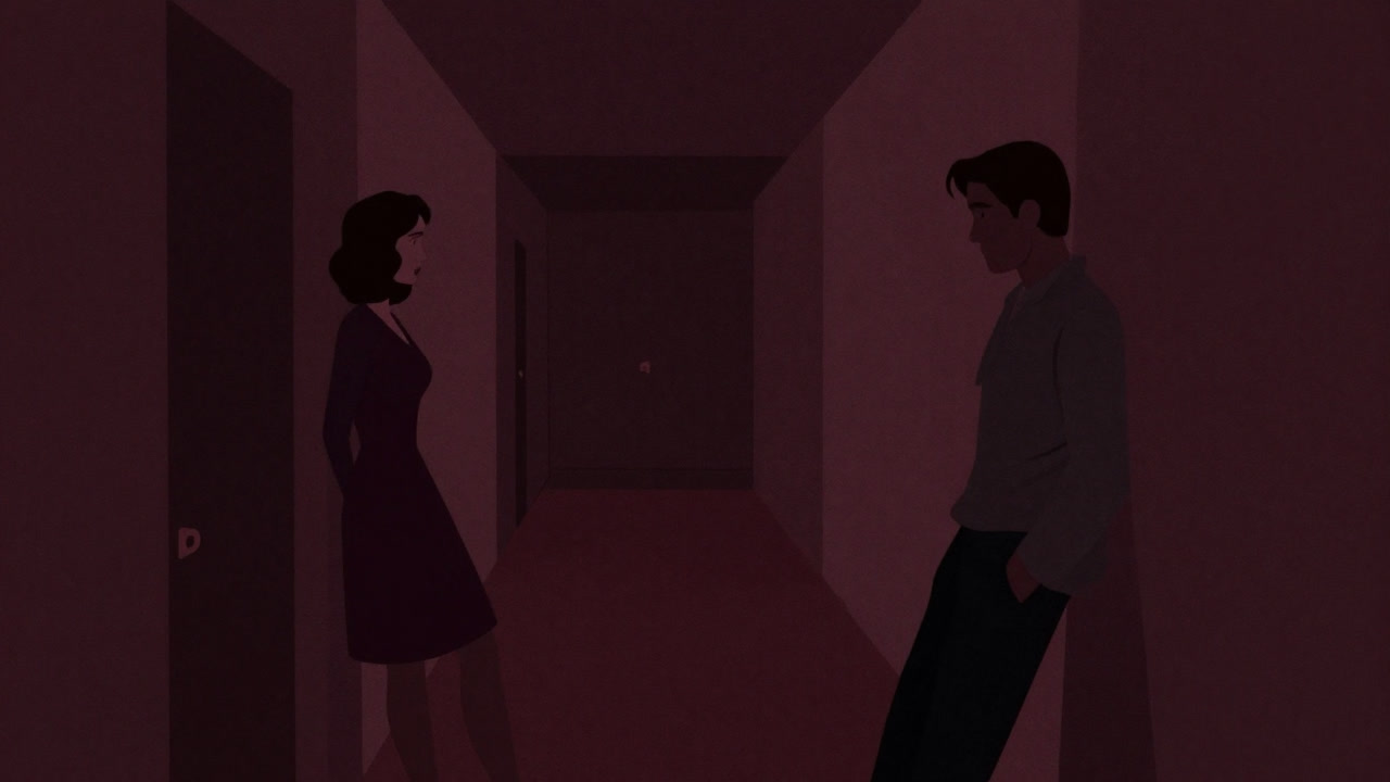 Silhouetted figures of a man and woman leaning close together at the end of a dark corridor.