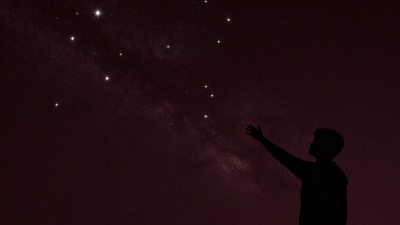 Silhouette of a person reaching towards countless scattered lights in deep cosmic darkness, as if trying to grasp stars filling their hands