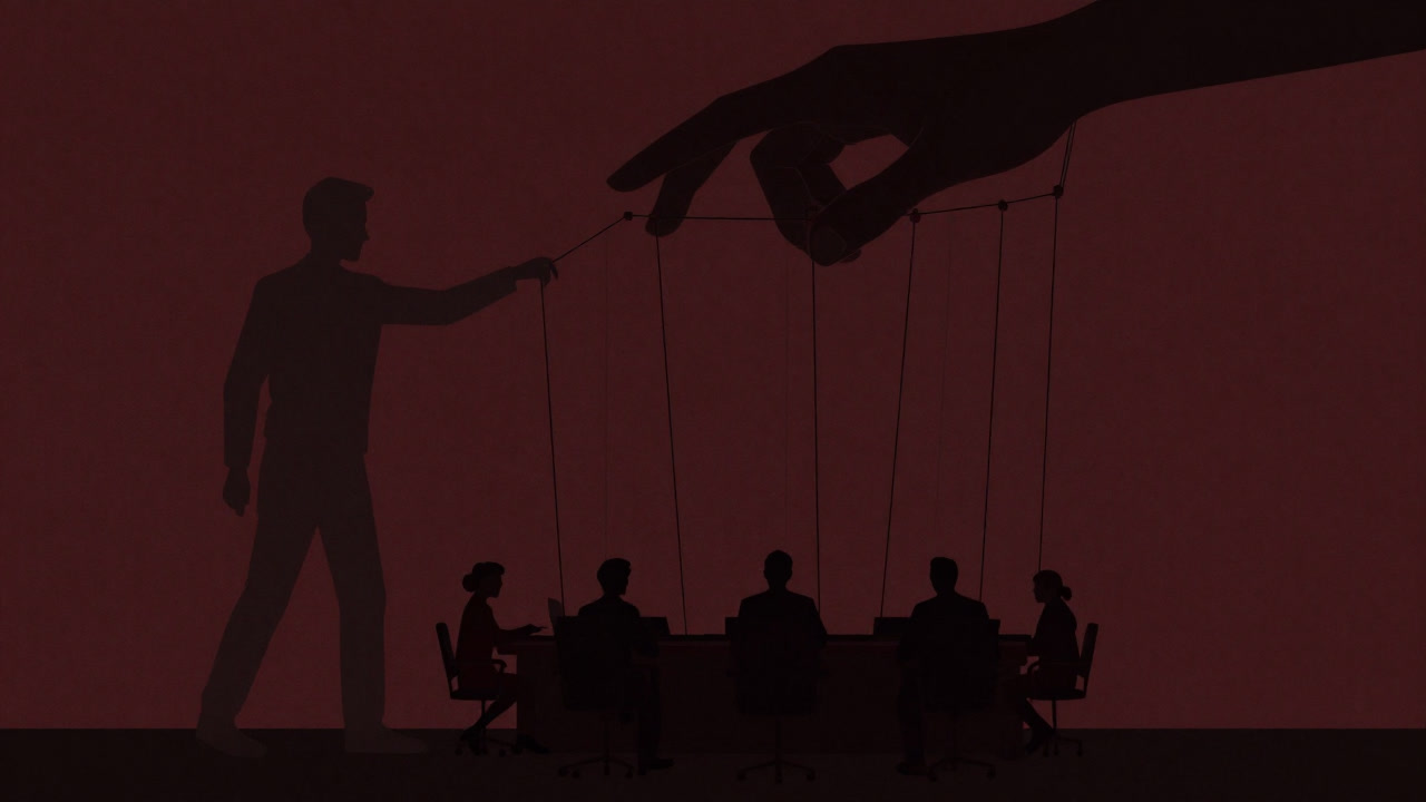 Silhouette of a giant hand manipulating marionettes connected by strings in a dark office