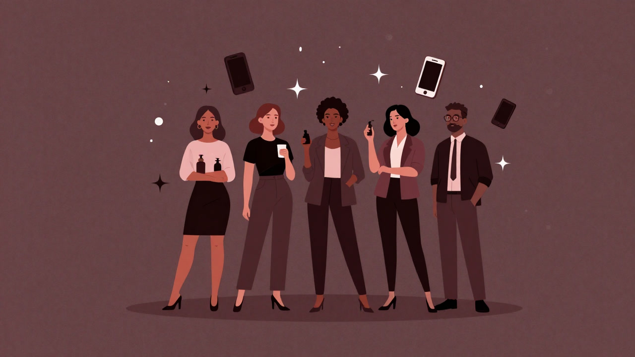 People holding smartphones surrounded by sparkles, showing off products