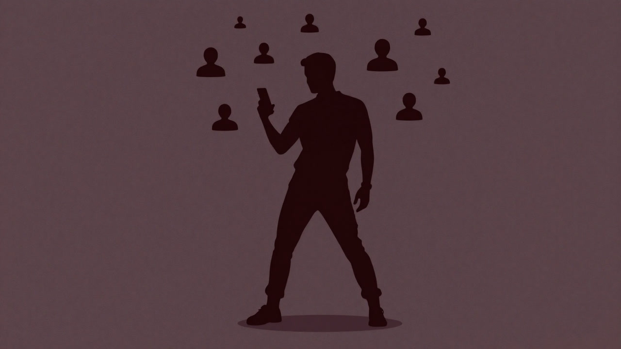 Silhouette of a person striking a pose holding a smartphone, surrounded by countless follower icons.