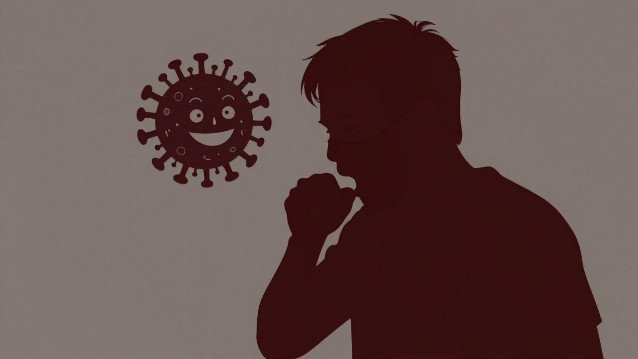 マスク姿で咳をこらえる人間と、その背後で薄笑いを浮かべる小さなウイルスの影絵。