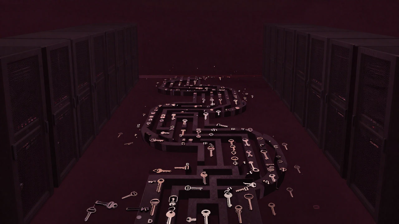 無数のパスワードや鍵が迷路のように絡み合い、出口の見えないサーバールームを象徴するイメージ