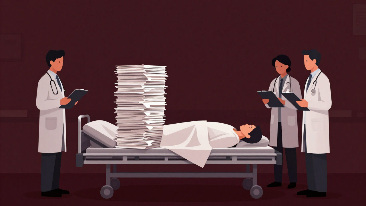 Silhouette of a patient buried in piles of documents and consent forms surrounded by doctors