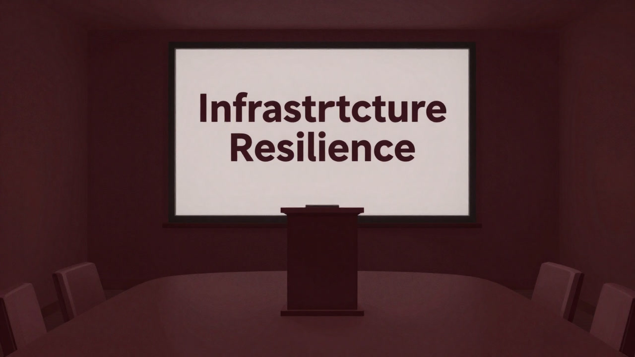 薄暗い会議室のスクリーンに『インフラレジリエンス』とだけ大きく表示されたスライドの画像