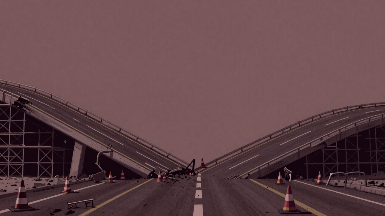 Illustration of an under-construction highway collapsing at the edges