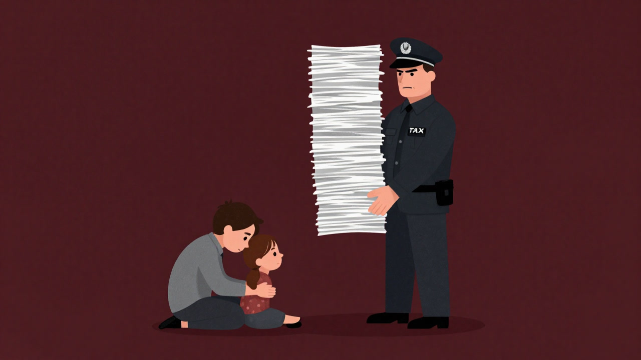 Illustration of a tax official seizing a mountain of documents from grieving heirs