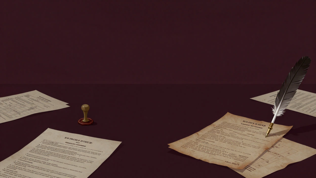 古びた相続関連の押印された書類と遺産目録が散らばる机の上の画像