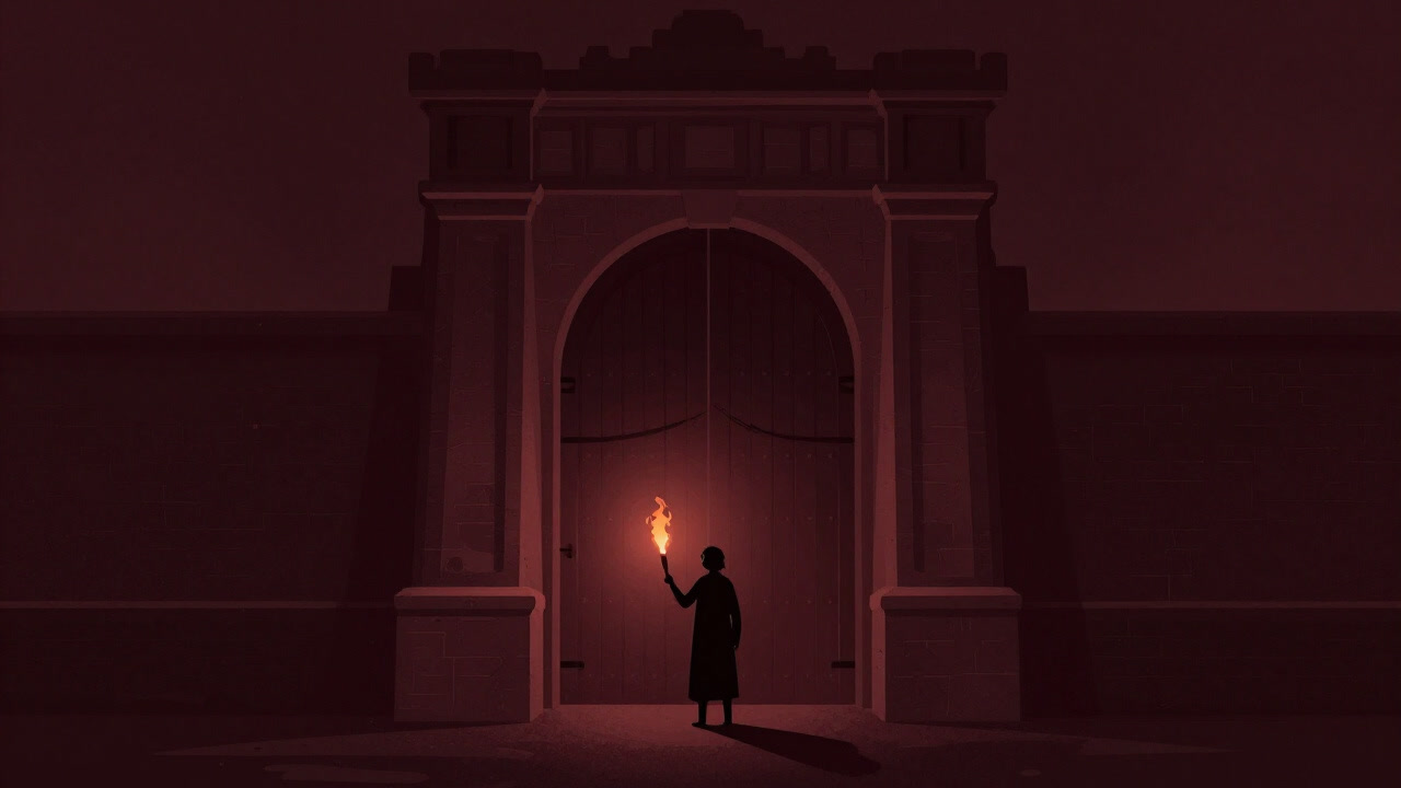 Silhouette of a nervous novice trembling before an ancient gate