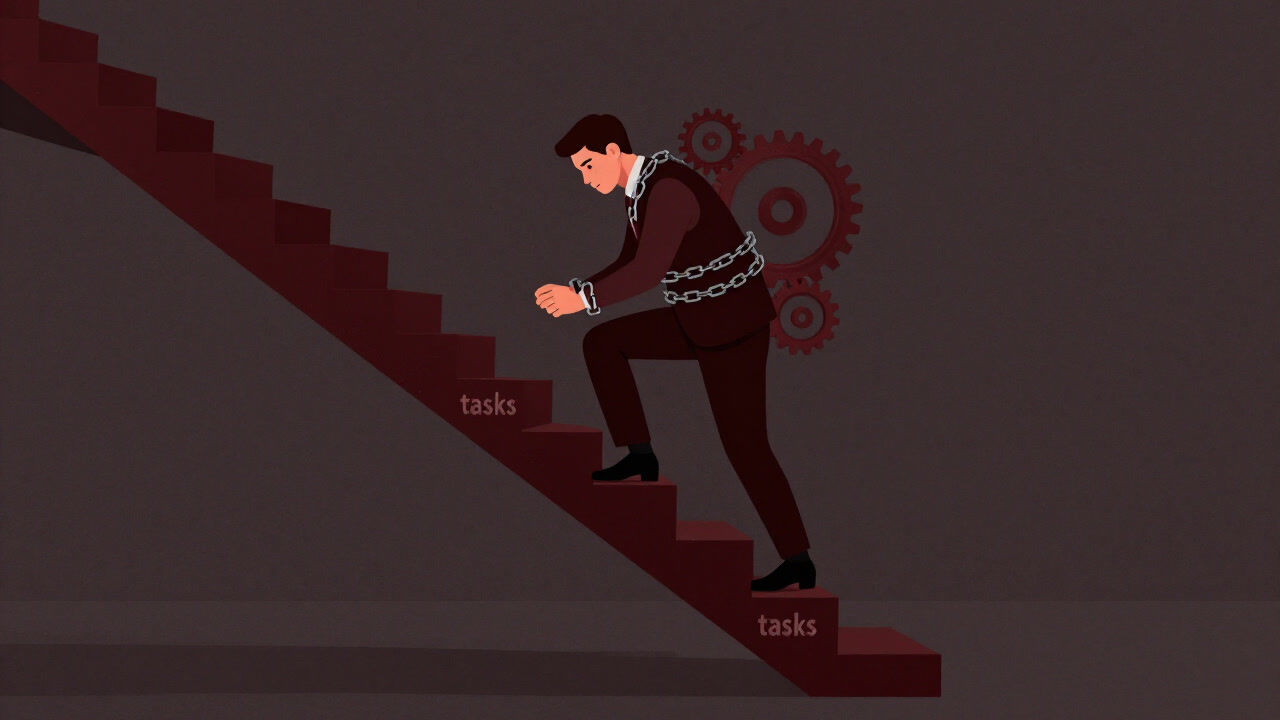 無数の歯車と鎖に縛られ、終わりの見えない階段を登る社員のイラスト