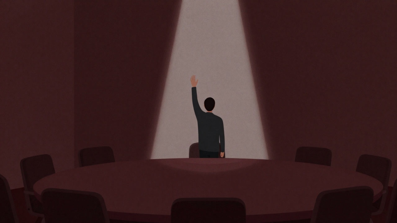 Illustration of a silhouette in a meeting room spotlightedly raising their hand proudly