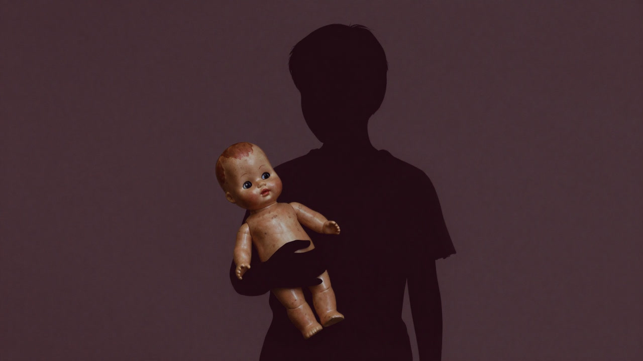 Silhouette of a person holding a faded toy doll, gazing into the distance with an anxious expression