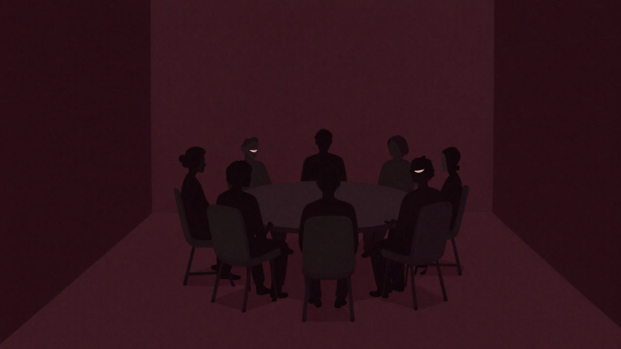 高い壁で囲まれた丸テーブルを囲み、互いにほくそ笑む少人数の人々のシルエット