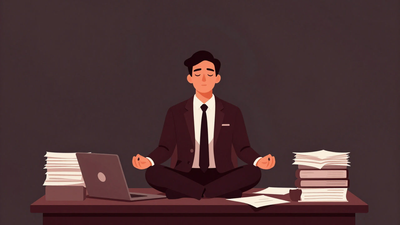 Silhouette of a businessman meditating at his office desk amidst a mountain of paperwork