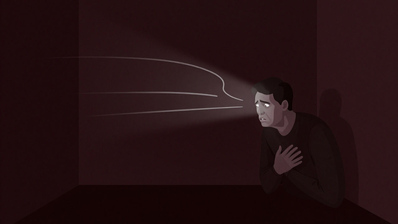 Silhouette of a person in a dimly lit room being overwhelmed by whispering voices from within their chest