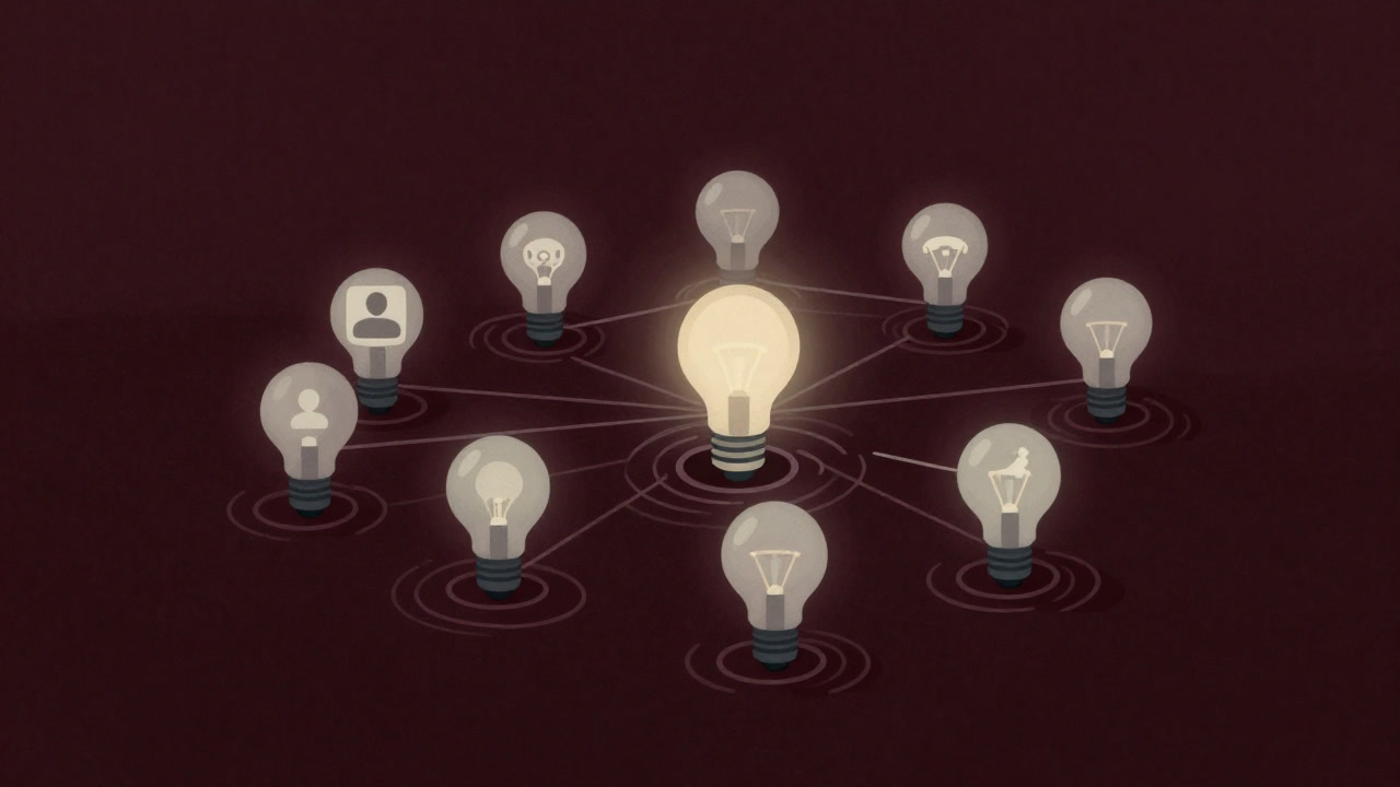 Illustration of countless icons connected, a glowing lightbulb idea rippling outward in waves