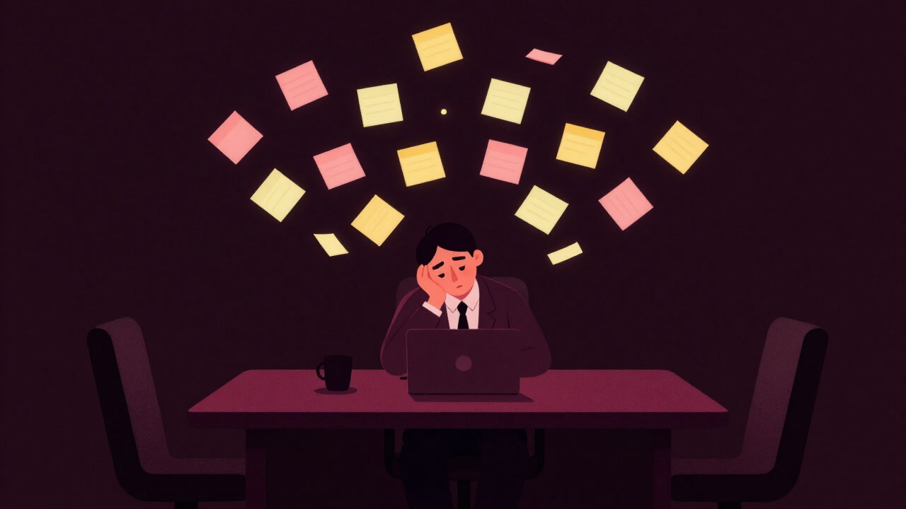 Image of a businessperson standing dazed in a meeting room with swirling Post-it notes
