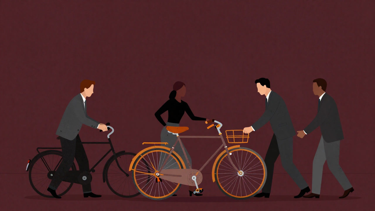 古びた自転車の車輪をペンキで鮮やかに塗り直し、新発明だと宣伝する人々のイラスト