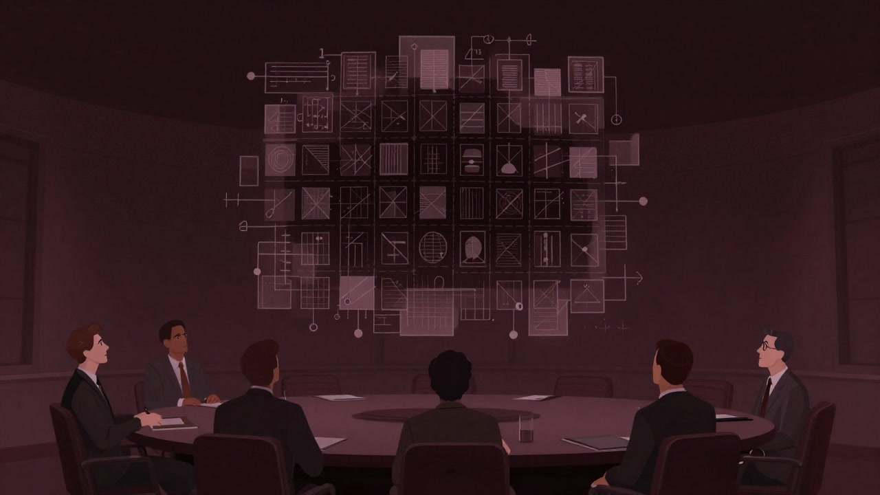 A dark conference room with a massive matrix floating in the center, expressionless businessmen looking up at it