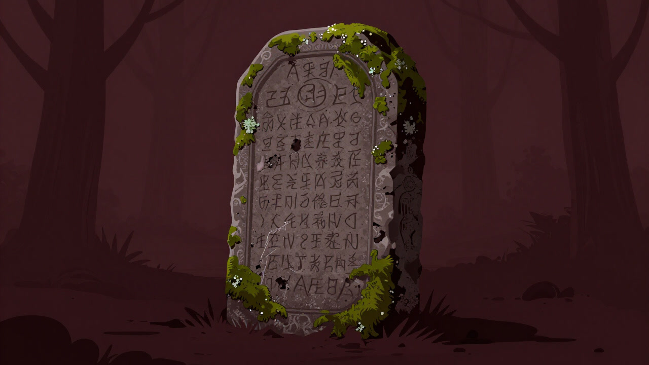 Image of an old moss-covered stone tablet with eroded inscriptions
