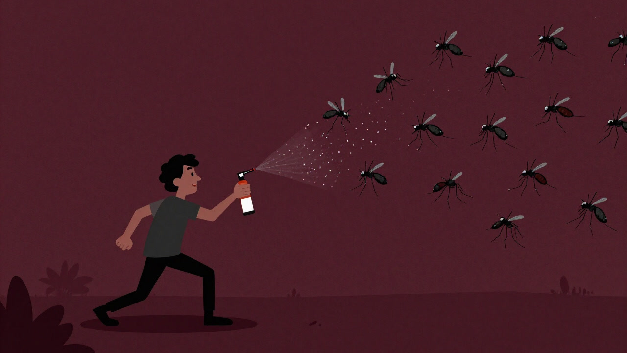 庭先で虫除けスプレーを必死に振りかける人と、その周りを涼しげに舞う蚊のイラスト