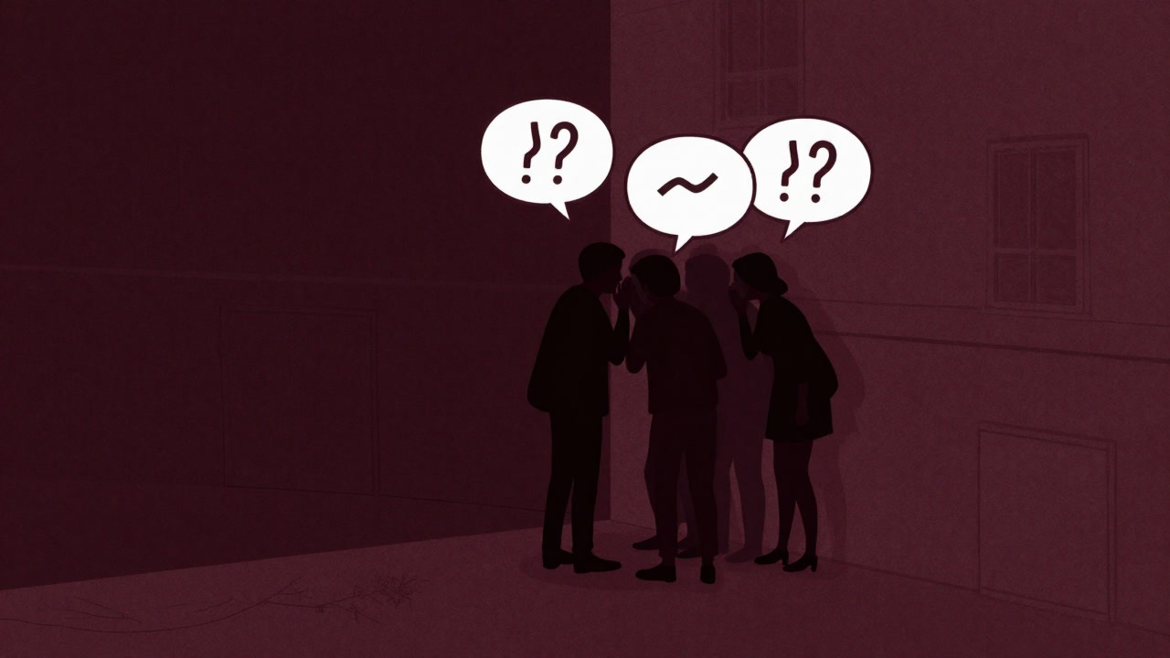 コンクリートジャングルの隅で、楽しそうに囁き合う人々の影にひそむ内輪ネタの象徴的な吹き出しのイラスト