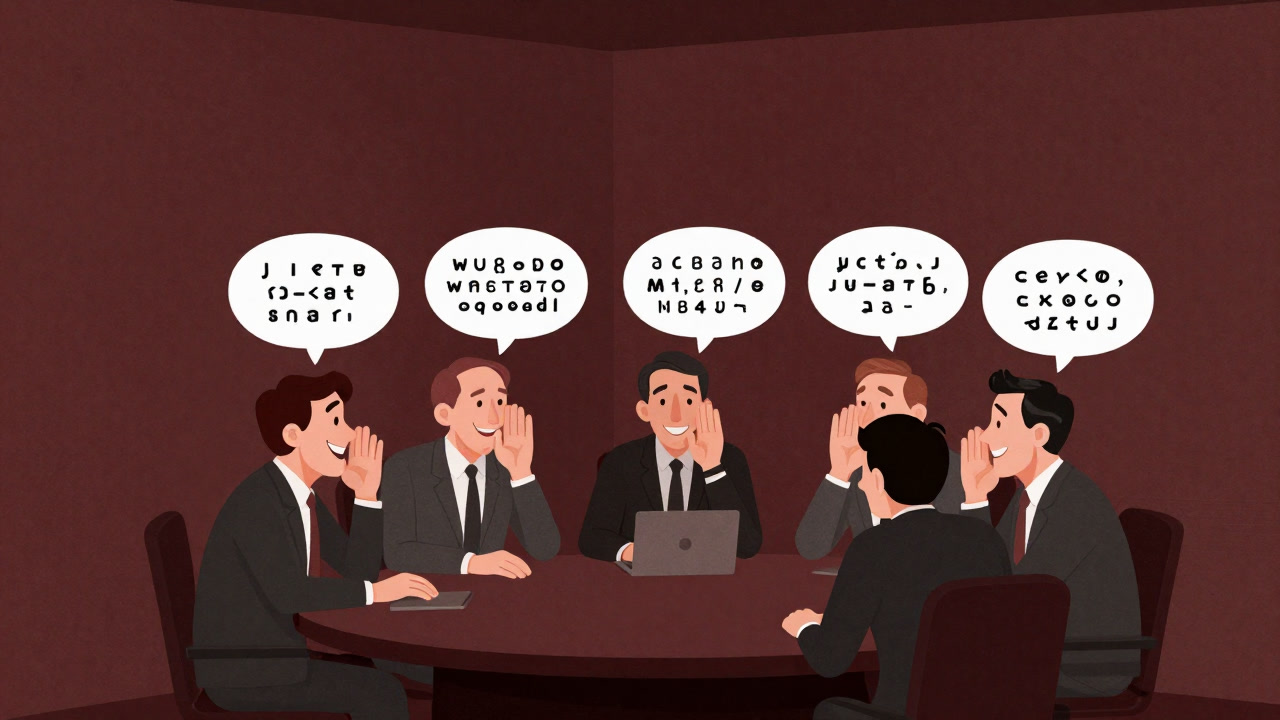 A group of employees whispering in the corner of a meeting room, smirking at each other