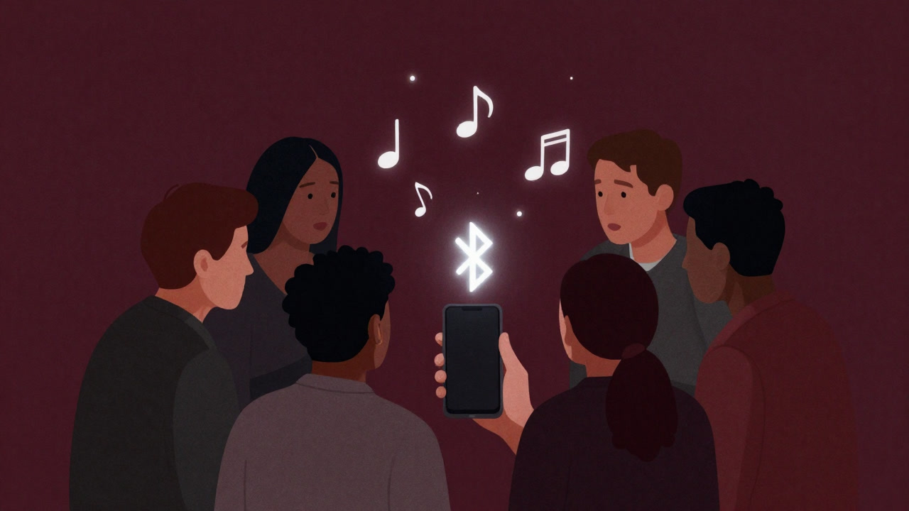 Illustration of multiple people gathered around a smartphone, listening intently. In the center floats a glowing Bluetooth icon and musical notes representing a shared song.