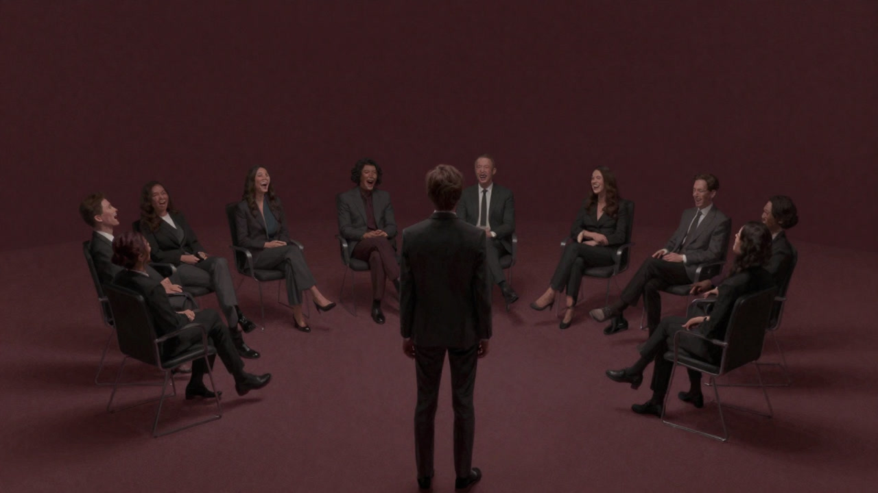 An individual standing awkwardly outside a circle of laughing people