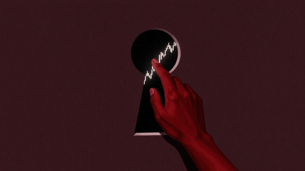 鍵穴から株価グラフを覗き込む手元に赤い手が伸びる暗い金融取引のイメージ