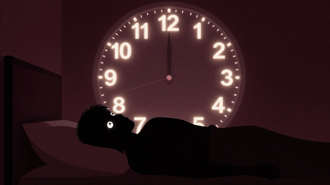 眠れぬ夜に一人、暗闇を見つめる人物のシルエットと時計のイラスト