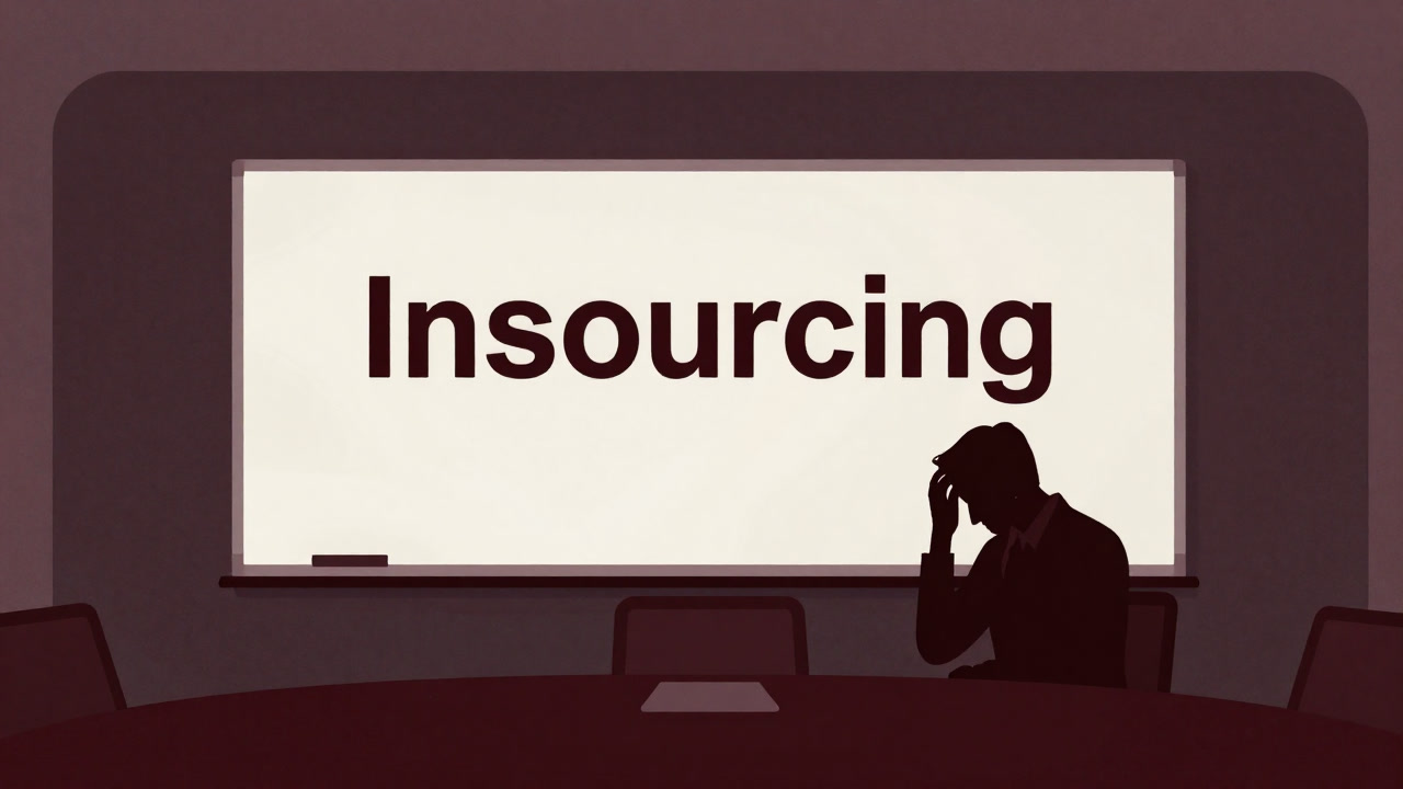 Silhouette of an employee holding their head in front of a whiteboard scrawled with “Insourcing” in a meeting room