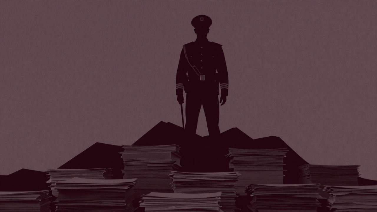 Silhouette of an inspector general wielding a pen with authority against a backdrop of stacked documents
