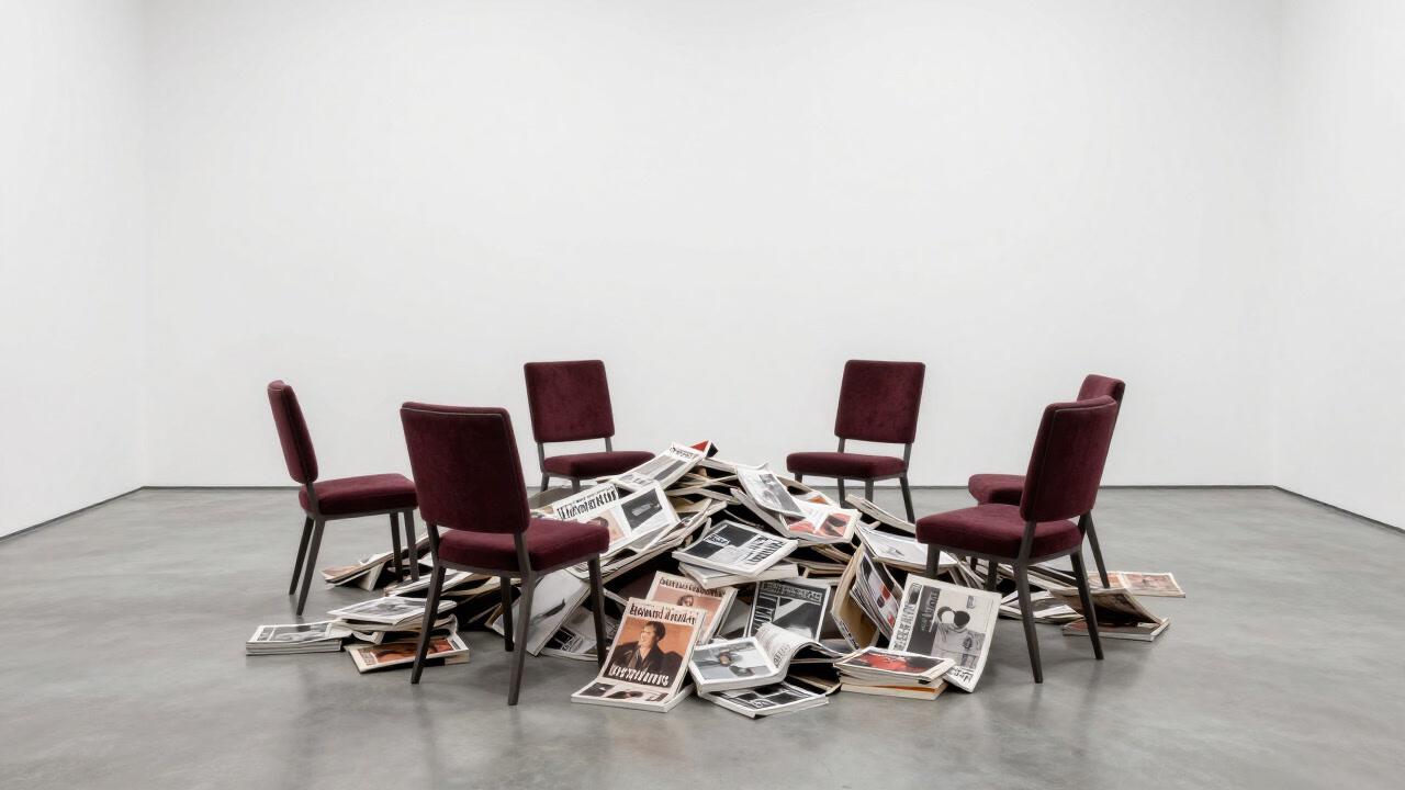 An image of a gallery room with a haphazard pile of magazines and furniture at its center
