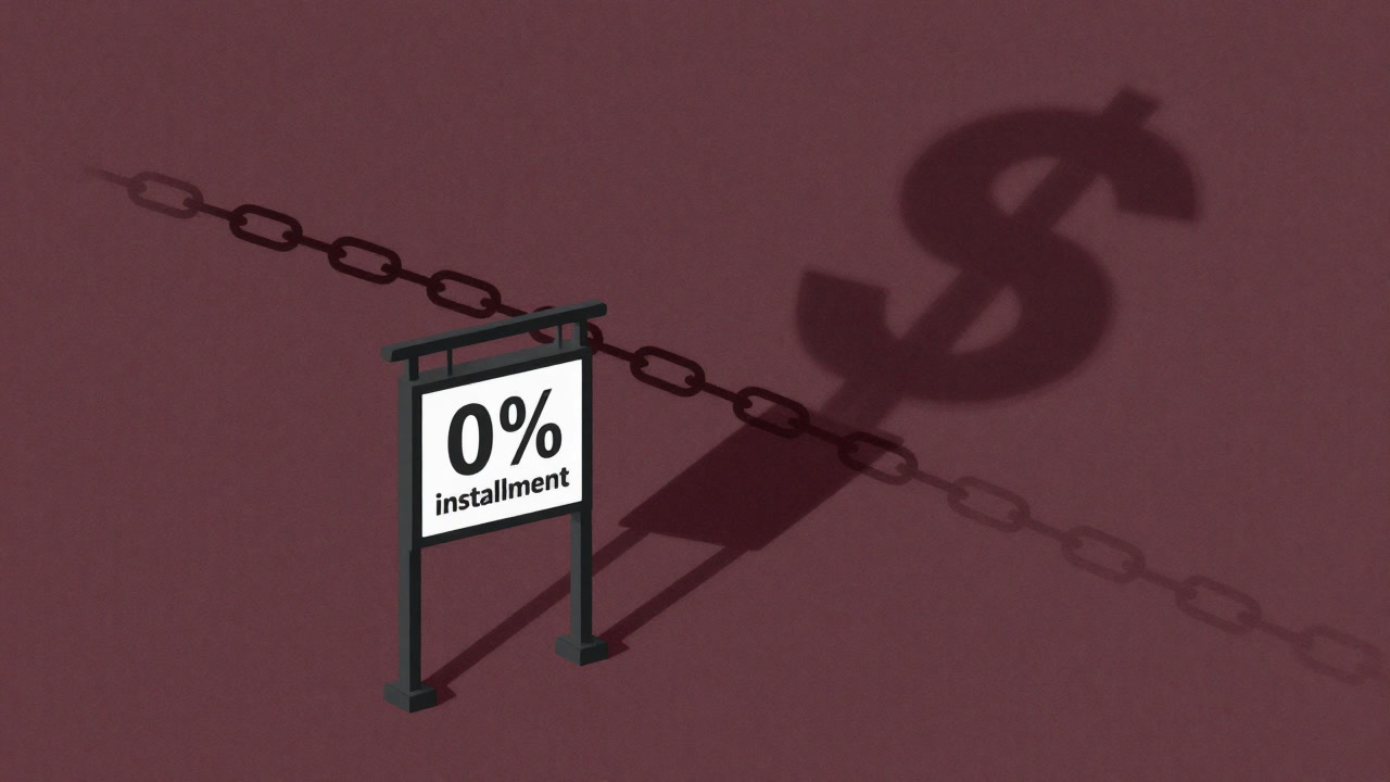 店頭のポップに書かれた「分割払い0％」の文字が、背景に長い借金の影を落とすイラスト