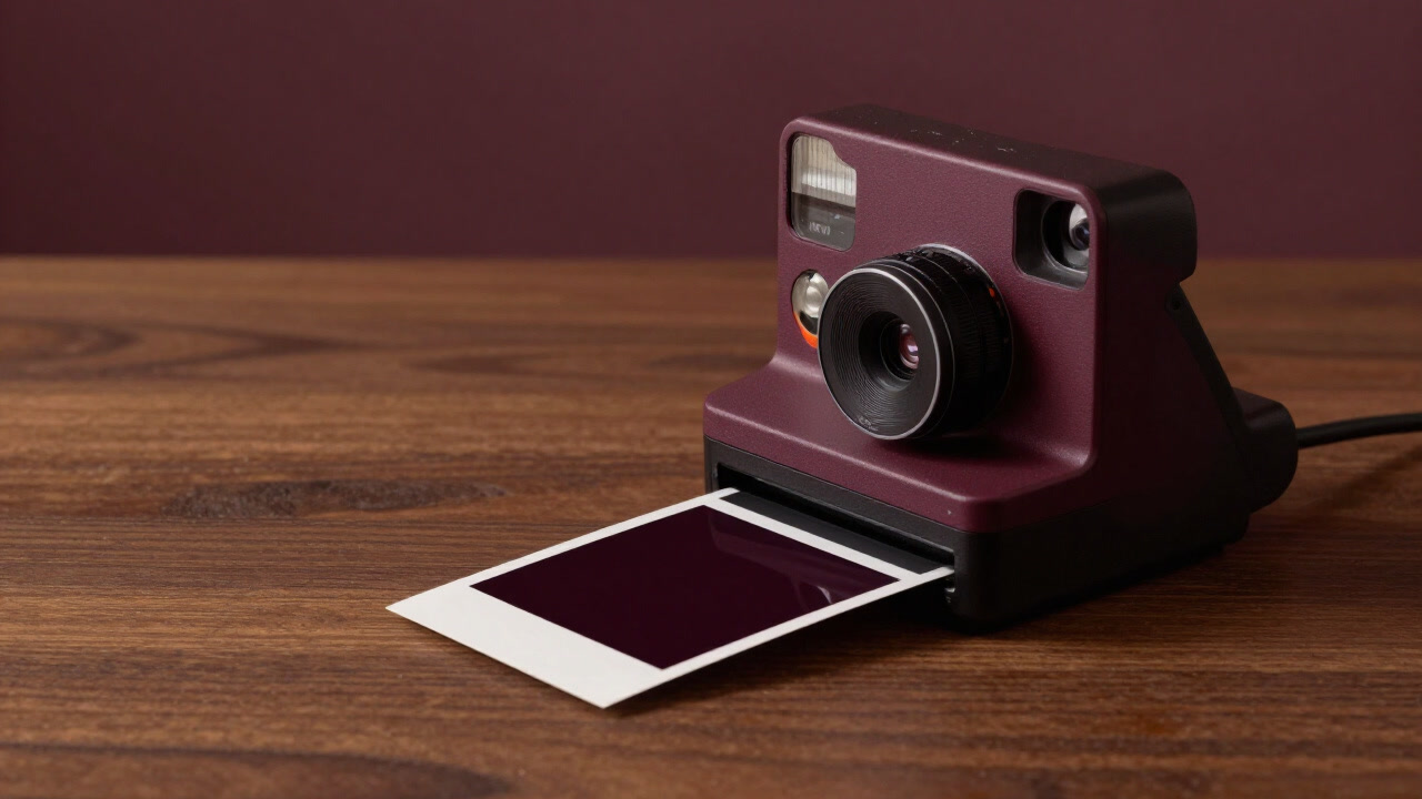 机の上に無造作に置かれたインスタントカメラから一枚の写真がゆっくりと現れる瞬間の画像