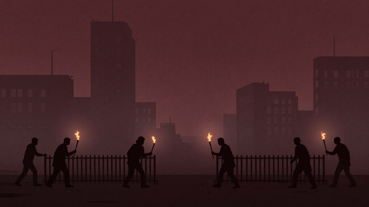 夜明け前の都市でバリケードを築き、松明を掲げる市民のシルエット