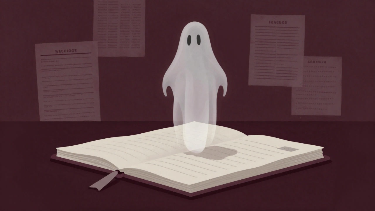 帳簿上にぼんやり浮かぶ幽霊の形をした資産の化身のイラスト