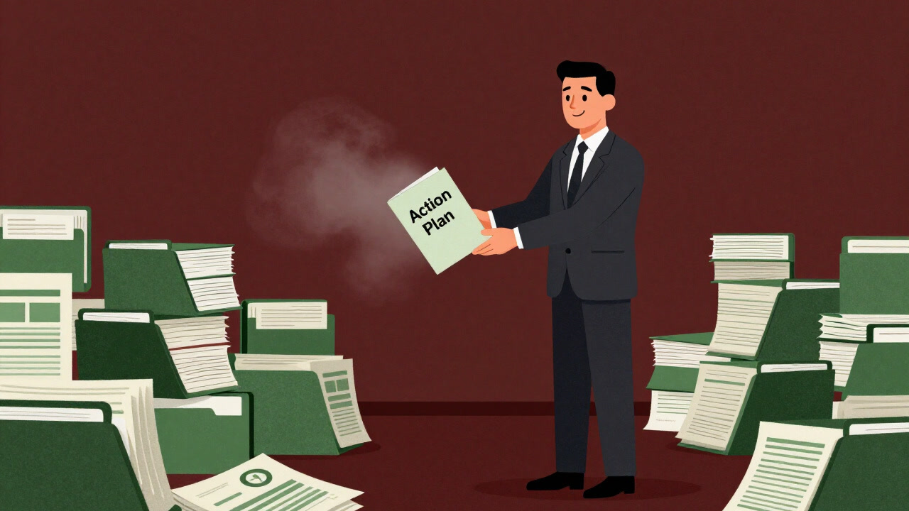 緑の資料に囲まれながら、満面の笑みで責任を先送りする官僚のイラスト