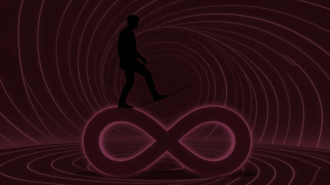 An illustration of a silhouette balancing on an infinity loop against a geometric pattern swirling in the background.