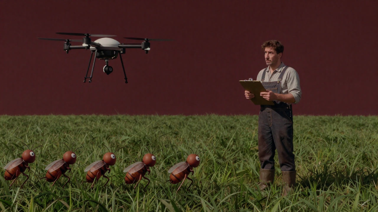 農薬散布機を前に、困惑した表情で虫たちを眺める農家のイラスト