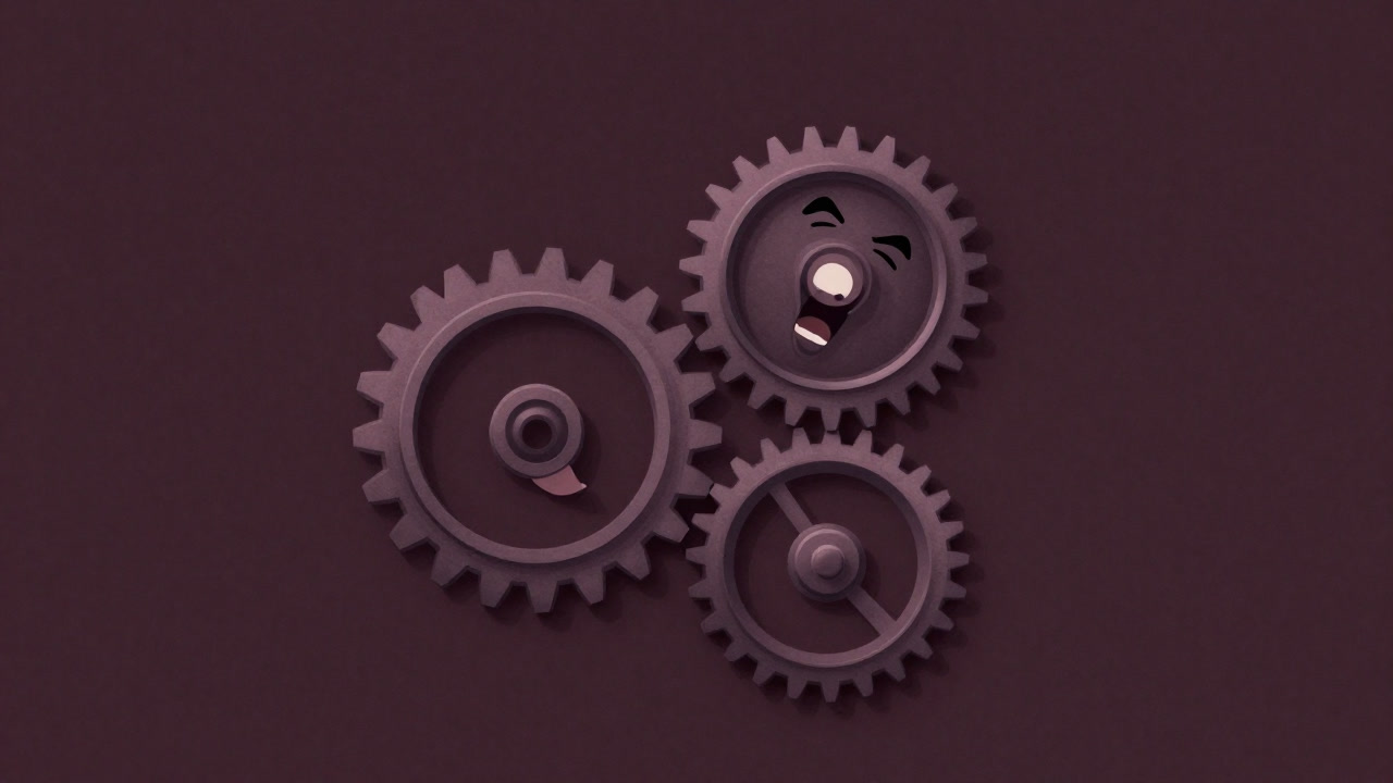 Illustration of software modules as gears with misaligned teeth screaming as they try to mesh