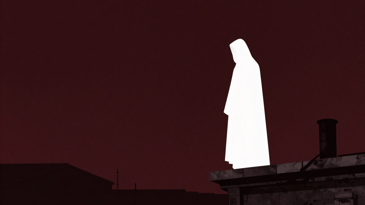 Silhouette of a figure in a white cloak under moonlight.